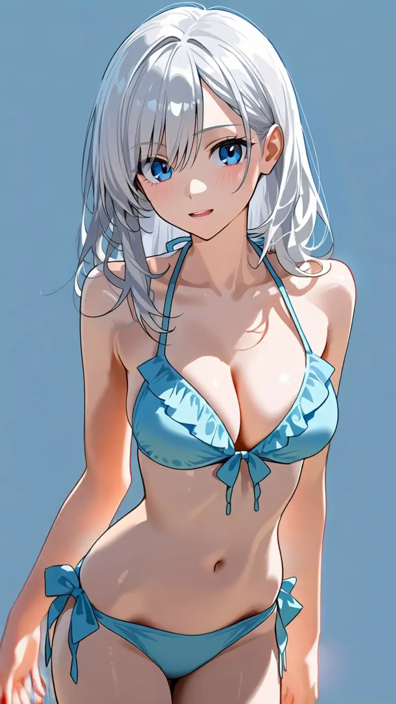 白銀の長髪と青い瞳が印象的な美少女のアニメ調ポートレートです。青いビキニ姿で、爽やかな青色背景に優しく微笑む表情が特徴的な作品です。