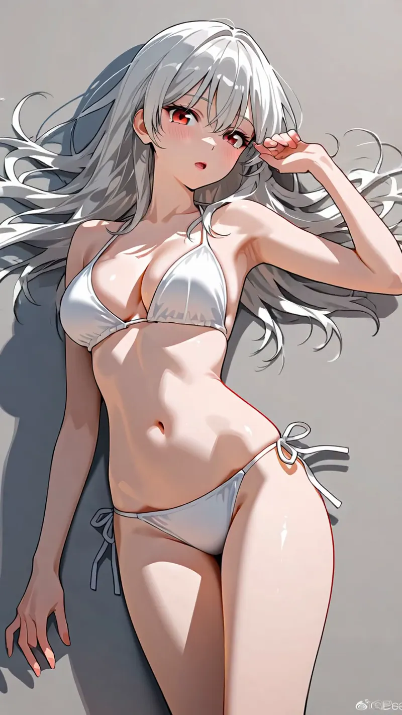 銀白色のロングヘアが優雅に流れる美少女のアニメ調イラストです。赤い瞳が印象的で、白とグレーを基調とした洗練された色使いが特徴です。