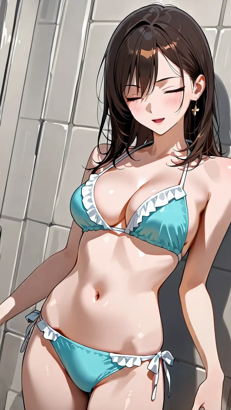 柔らかな陽光が降り注ぐ窓辺に佇む美少女。深い茶色の長髪と落ち着いた表情が優雅で、ターコイズブルーのリボン付きアニメ調衣装が彩りを添える。清潔感のあるインテリアとの調和が心地よいポートレート作品です。