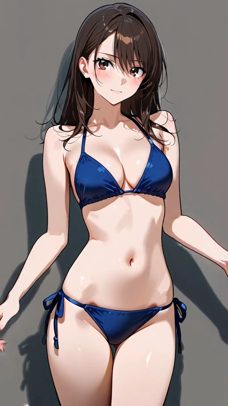 黒髪のセミロングヘアが印象的な美少女が、紺色の水着姿で穏やかな表情を浮かべています。柔らかなグレー背景に浮かび上がる、アニメ調の優しいタッチで描かれたデジタルイラスト作品です。