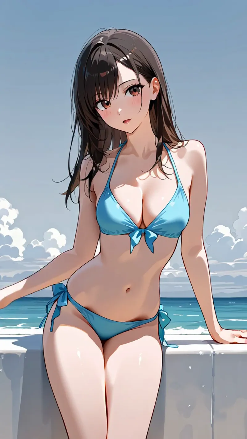 紺髪の美少女がターコイズブルーのビキニ姿で海辺に佇むアニメ調イラスト。白い雲が浮かぶ澄んだ空と青い海を背景に、清涼感あふれる夏のシーンが描かれています。