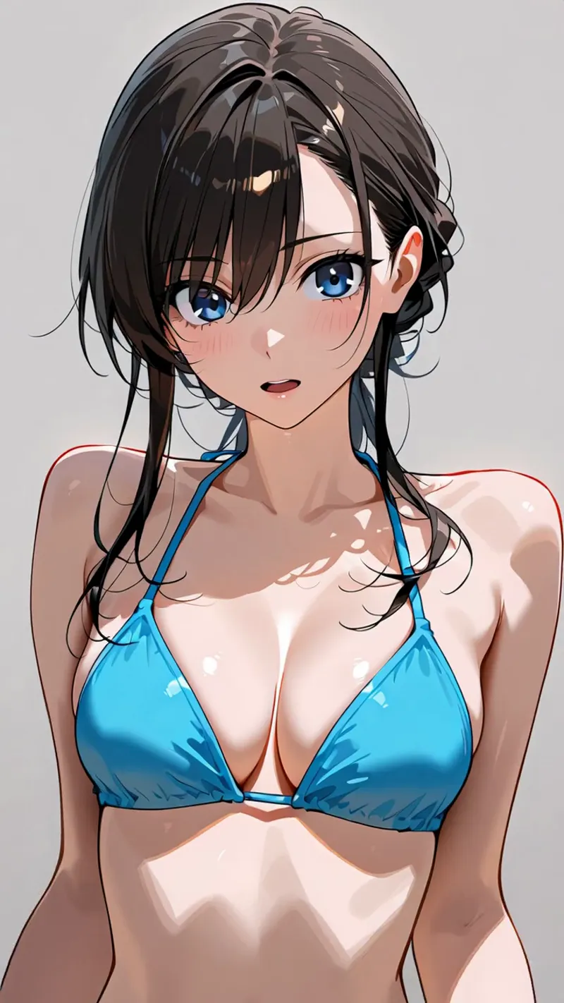 青い瞳が印象的な黒髪ショートヘアの美少女イラストです。明るく優しい表情と、鮮やかな青いビキニが夏らしい明るさを演出しており、グラデーション背景とのコントラストが美しい作品です。