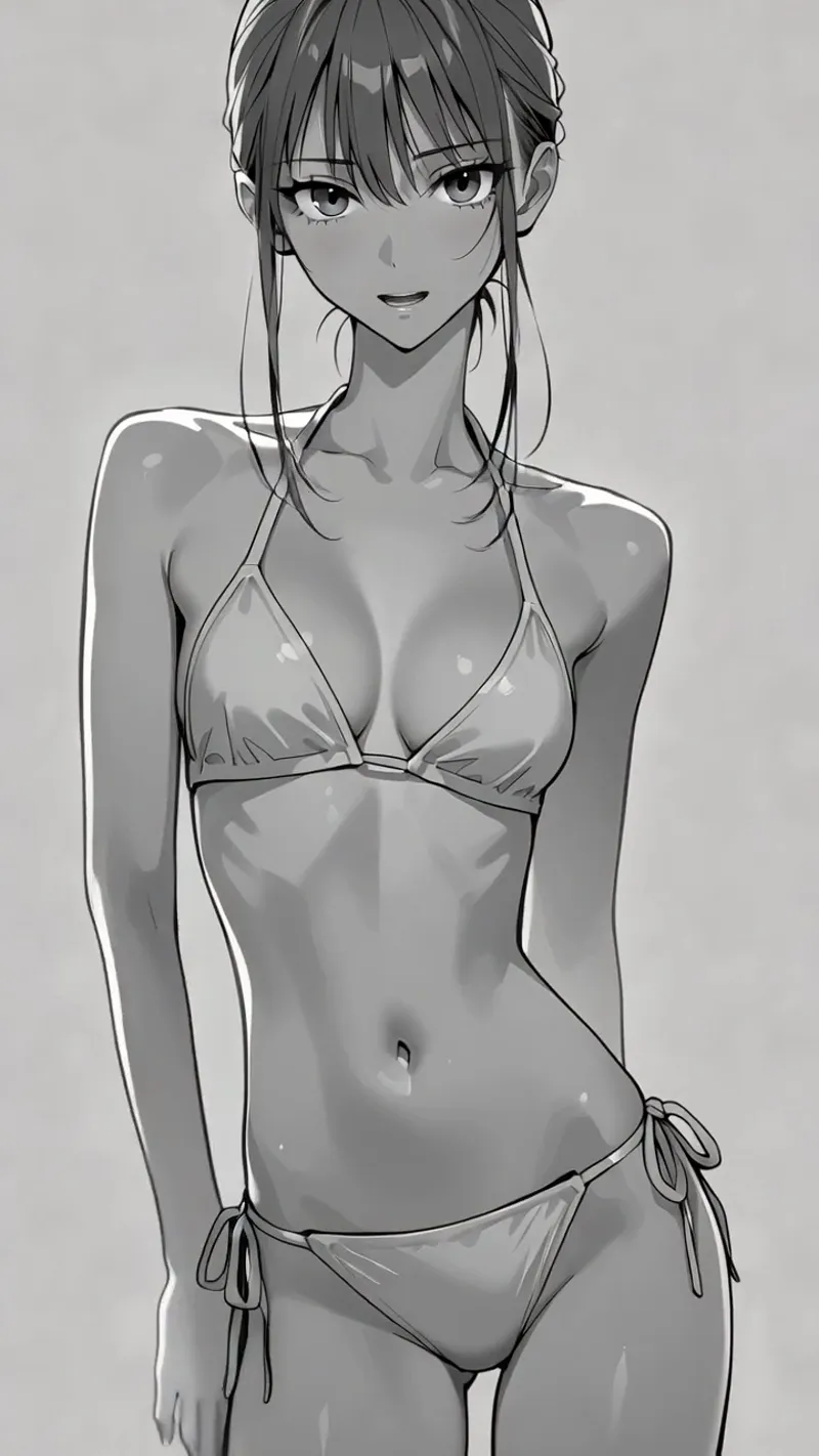 柔らかな薄茶色の瞳が優しく微笑む、長髪の美少女を描いたモノトーン調イラストです。シンプルな水着姿で、落ち着いた灰色の背景に映える洗練された構図が特徴。
