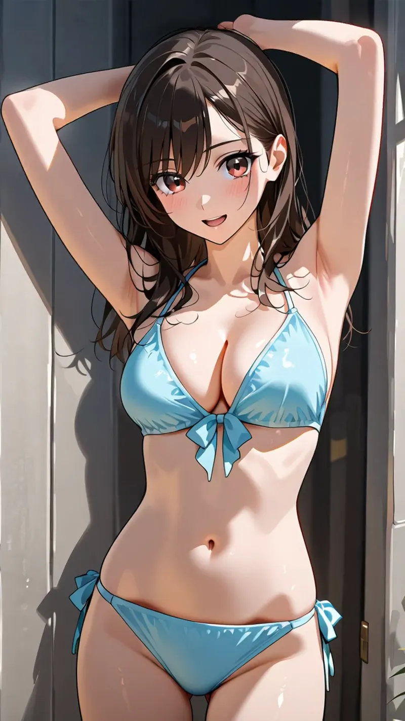 黒髪セミロングの少女が窓辺で腕を上げた瞬間を捉えたアニメ調イラストです。爽やかな青のビキニ姿で、柔らかい自然光に包まれた優雅な表情と仕草が特徴です。