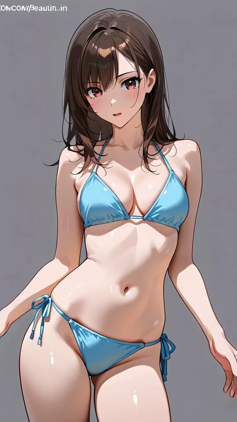 褐色肌と明るい紅い瞳が特徴的な美少女のアニメ調イラストです。青いビキニを着た夏らしい姿で、落ち着いた灰色の背景に浮かび上がります。柔らかな光と影の表現が魅力的な一枚です。