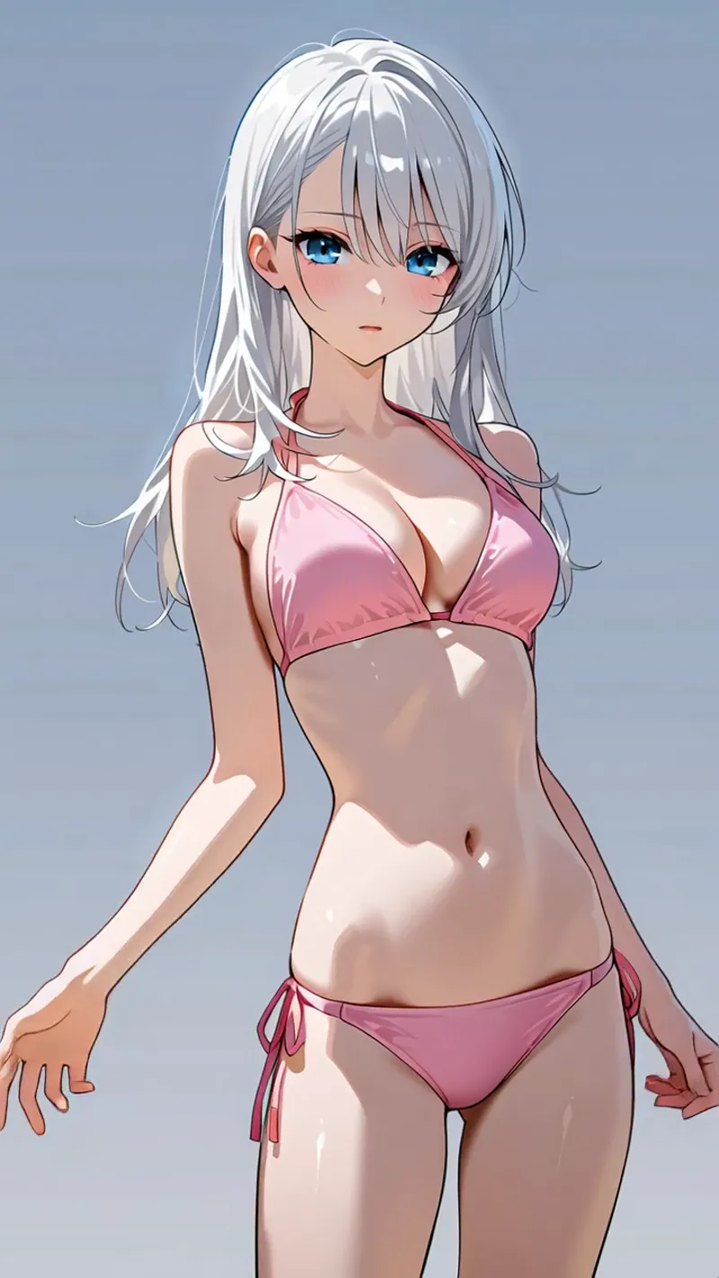 涼しげな青い瞳と長い銀髪が印象的な、アニメ調の美少女ポートレートです。ピンク色のビキニを纏った立ち姿で、柔らかな光と影で立体感のある仕上がりになっています。