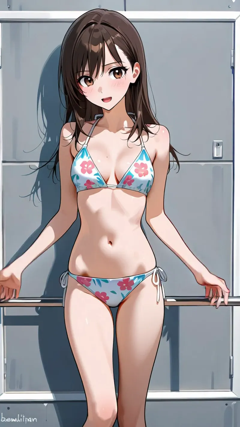 鮮やかなピンク花柄が入ったビキニを身につけた、茶色いセミロングヘアの女性を描いたアニメ調イラストです。室内の窓辺で爽やかな表情を浮かべており、光と影のコントラストが立体感を演出しています。