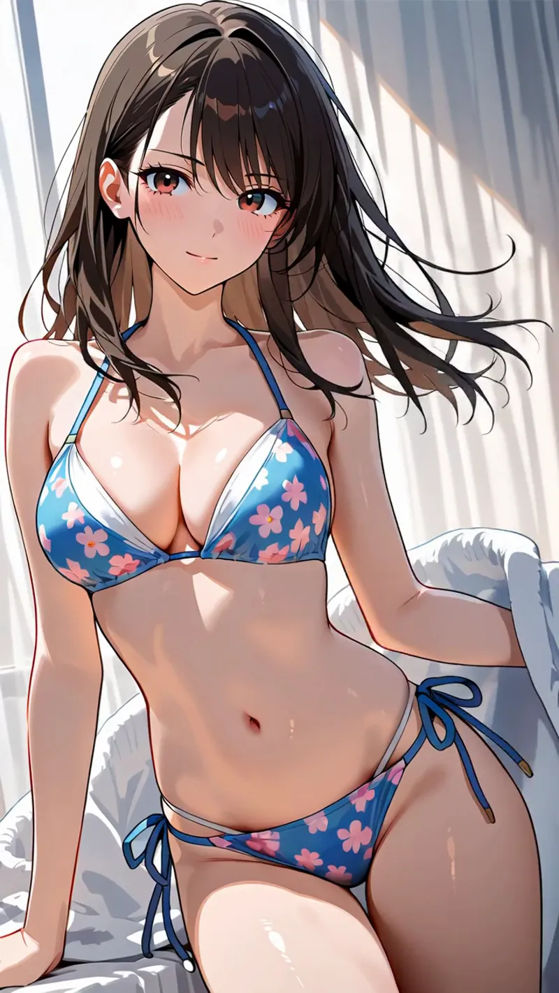 青と赤い花模様のビキニを身につけた黒髪の女性が、光射す室内でリラックスした表情を見せるアニメ調イラストです。柔らかな陰影と明るい色彩が爽やかな雰囲気を演出しています。
