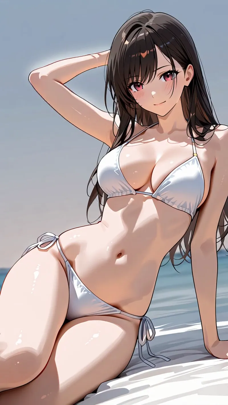 黒髪ロングの美少女が白いビキニを身につけ、腕を上げた優雅なポーズで浜辺に佇むアニメ調イラスト。淡いグラデーションの空と海を背景に、柔らかい日光の当たる肌の質感が丁寧に描写されています。