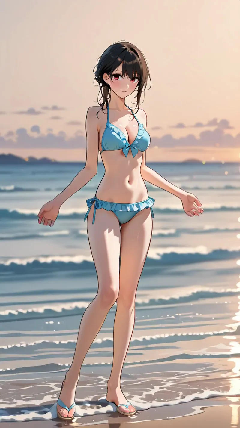 黒髪をまとめた美少女がリフレシュなブルーのビキニ姿でビーチに佇む。夕焼けに染まる波打ち際の背景が、アニメ調のイラストに柔らかな温かみを与えています。