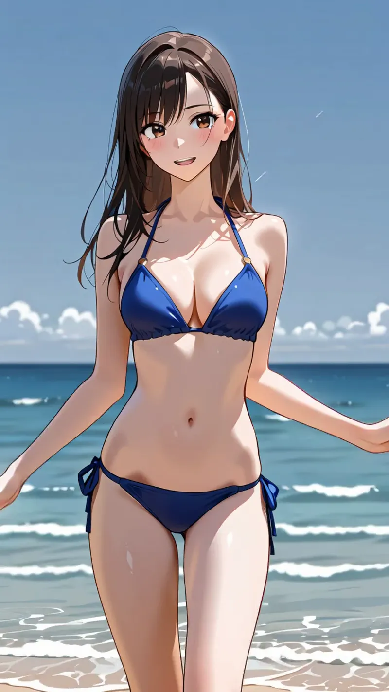澄んだ青空と波が広がるビーチで、紺色のビキニを着た黒髪の美少女が爽やかな笑顔を浮かべています。海風になびく髪と明るい表情が印象的なアニメ調イラストです。