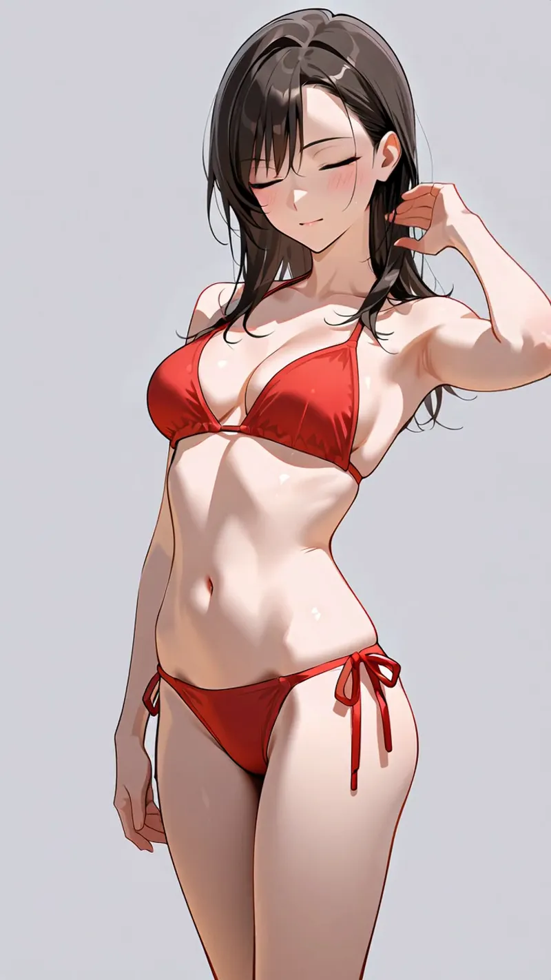 黒髪がかかった柔らかい表情の美少女が、赤いビキニ姿で優雅なポーズを取るアニメ調イラスト。明るい背景に映える鮮やかな色彩と、細部まで丁寧に描かれた髪の流れが特徴です。
