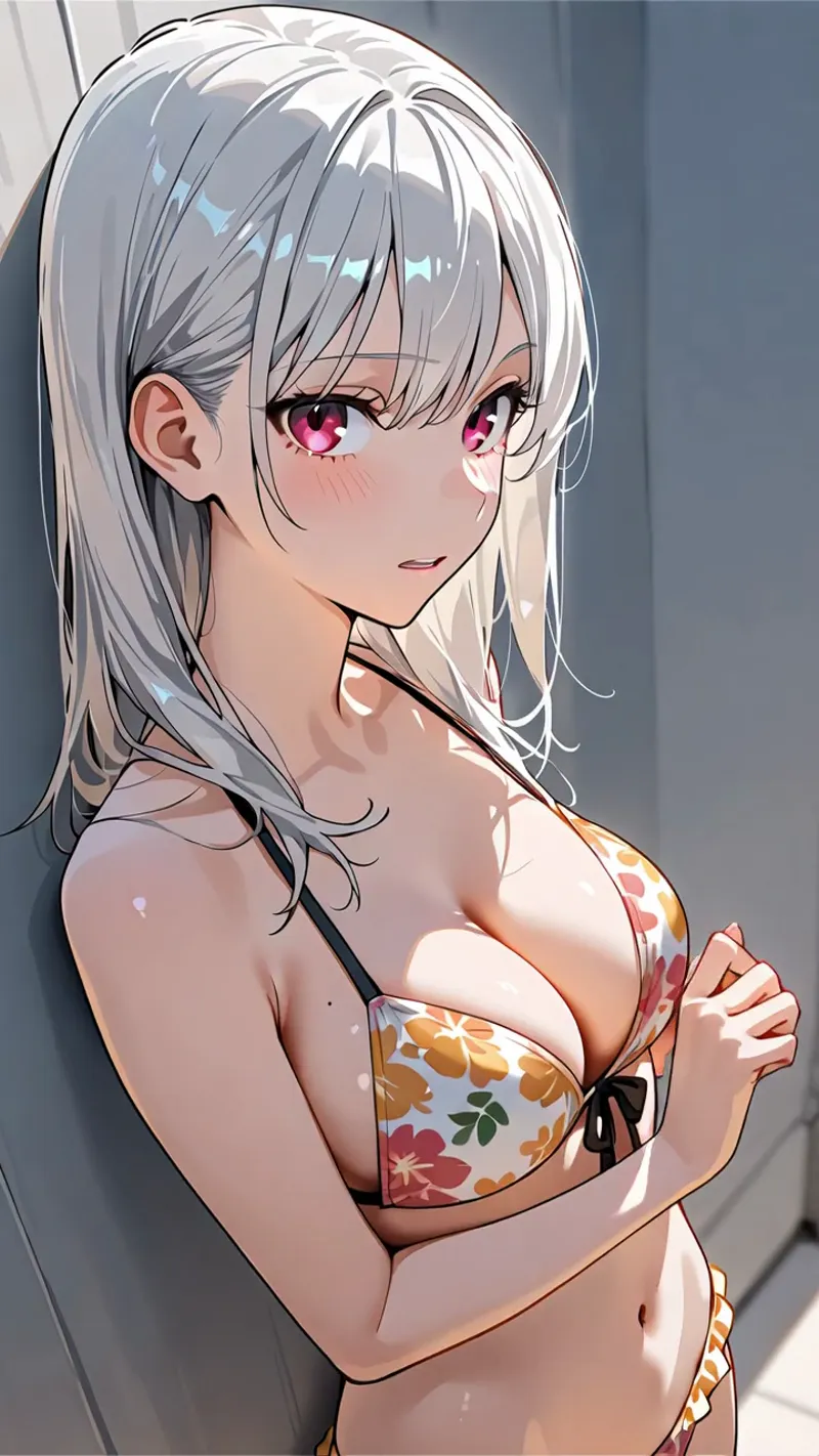銀色に輝く長い髪と鮮烈なピンク色の瞳を持つ美少女のアニメ調イラストです。花柄のビスチェを身につけ、柔らかな光が肌を優しく照らし出すポートレート作品。