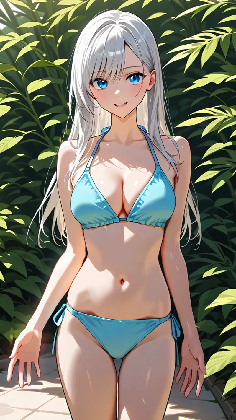 青い瞳と銀白色の長髪が印象的な美少女のアニメイラスト。南国の植物に囲まれた明るい背景で、爽やかな笑顔を浮かべています。細部まで丁寧に描かれたアニメ調の作品です。