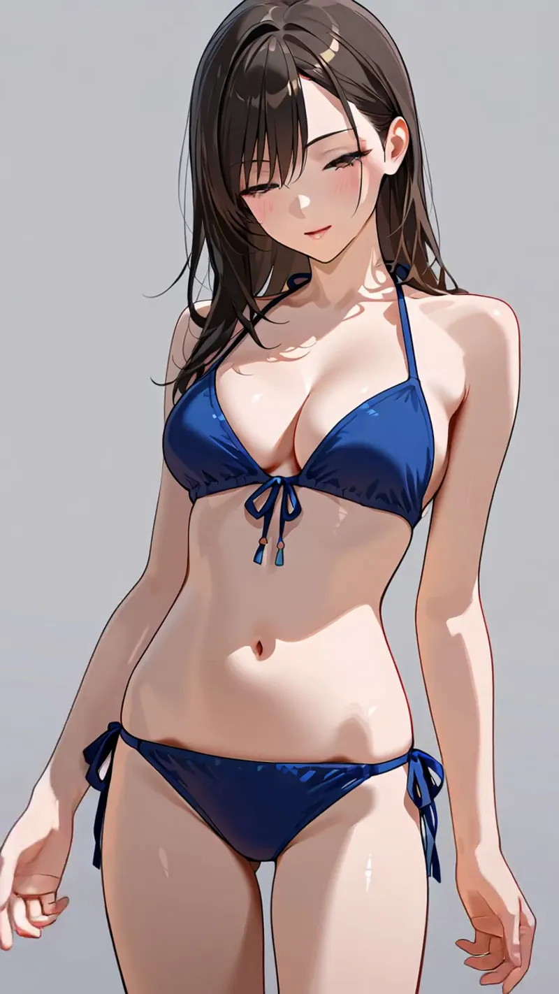 黒髪を流した清涼感あふれる表情が印象的な美少女イラストです。紺色のビキニを身に纏い、淡いグレーの背景に映える柔らかな光の陰影が、アニメ調の優雅なポートレート作品に仕上げています。