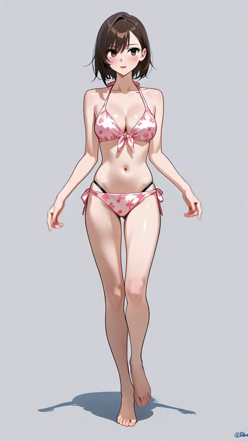 濃茶色のショートボブヘアに優しい表情の美少女が、ピンク系の桜柄ビキニを身に纏った全身ポートレートです。ニュートラルな背景に立つ姿勢で、洗練されたアニメ調イラストの美しさが際立ちます。