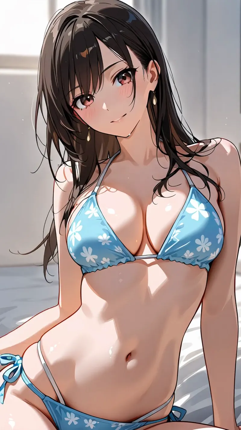 黒髪ロングのアニメ調美少女が、白い花柄が入った青い水着を身に着けた姿です。明るい室内の背景で、優しい表情と柔らかな光に包まれた上品なポートレート画像となっています。