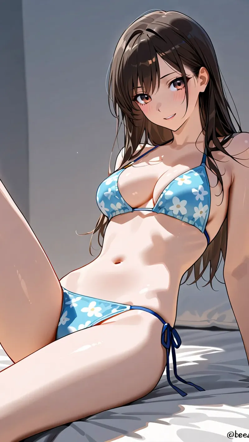 黒髪ロングの美少女が青い花柄のビキニを着用し、海辺で優雅な佇まいを見せるアニメ調イラストです。柔らかい光と落ち着いた色調で描かれた夏の一場面。