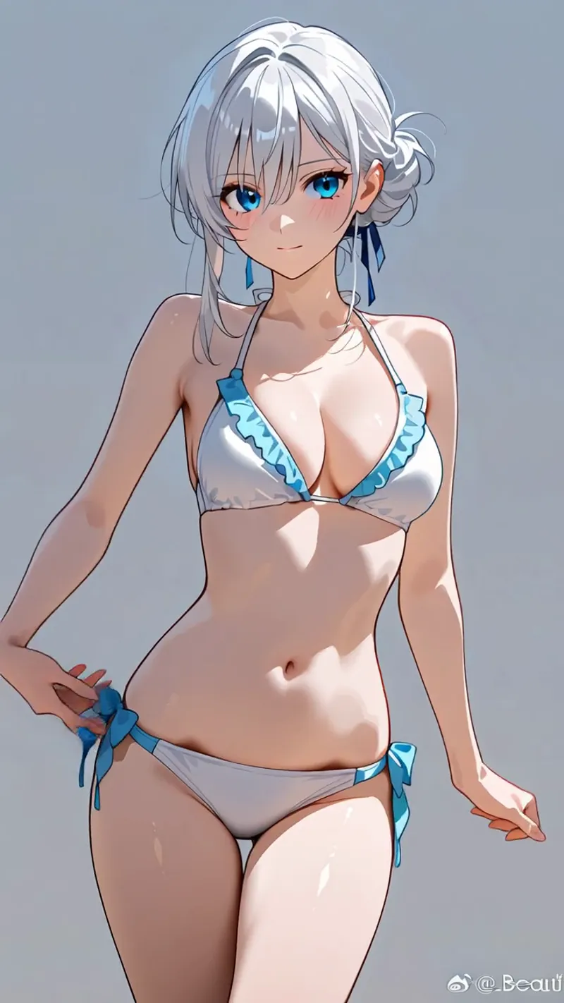 透き通るような青い瞳を持つ白髪の少女が、爽やかな水色のリボン装飾が施された水着を身に纏い、やや上向きの視線で微笑む、淡いグレー背景のアニメ調イラストです。