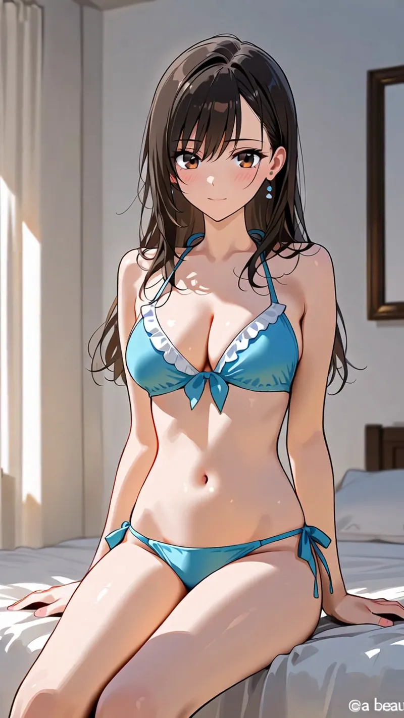 黒髪を優しく流した美少女が、青いビキニで窓辺の光に包まれている室内ポートレート。柔らかな表情と自然な光の演出が特徴のアニメ調イラストです。