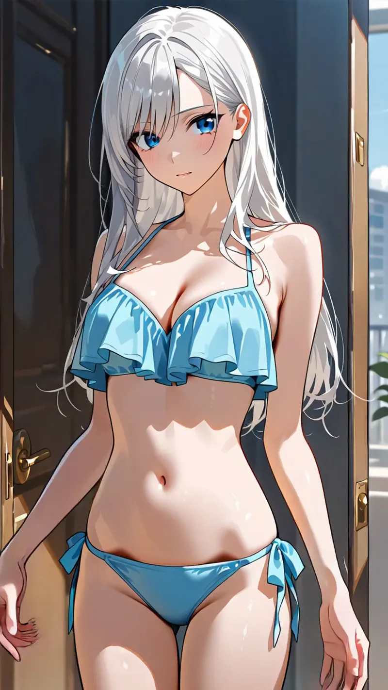 澄んだ青い瞳と白銀の長髪を持つ美少女のアニメ調イラスト。モダンな室内で窓からの明るい光が差し込み、爽やかな青色の水着姿で穏やかな表情を浮かべています。