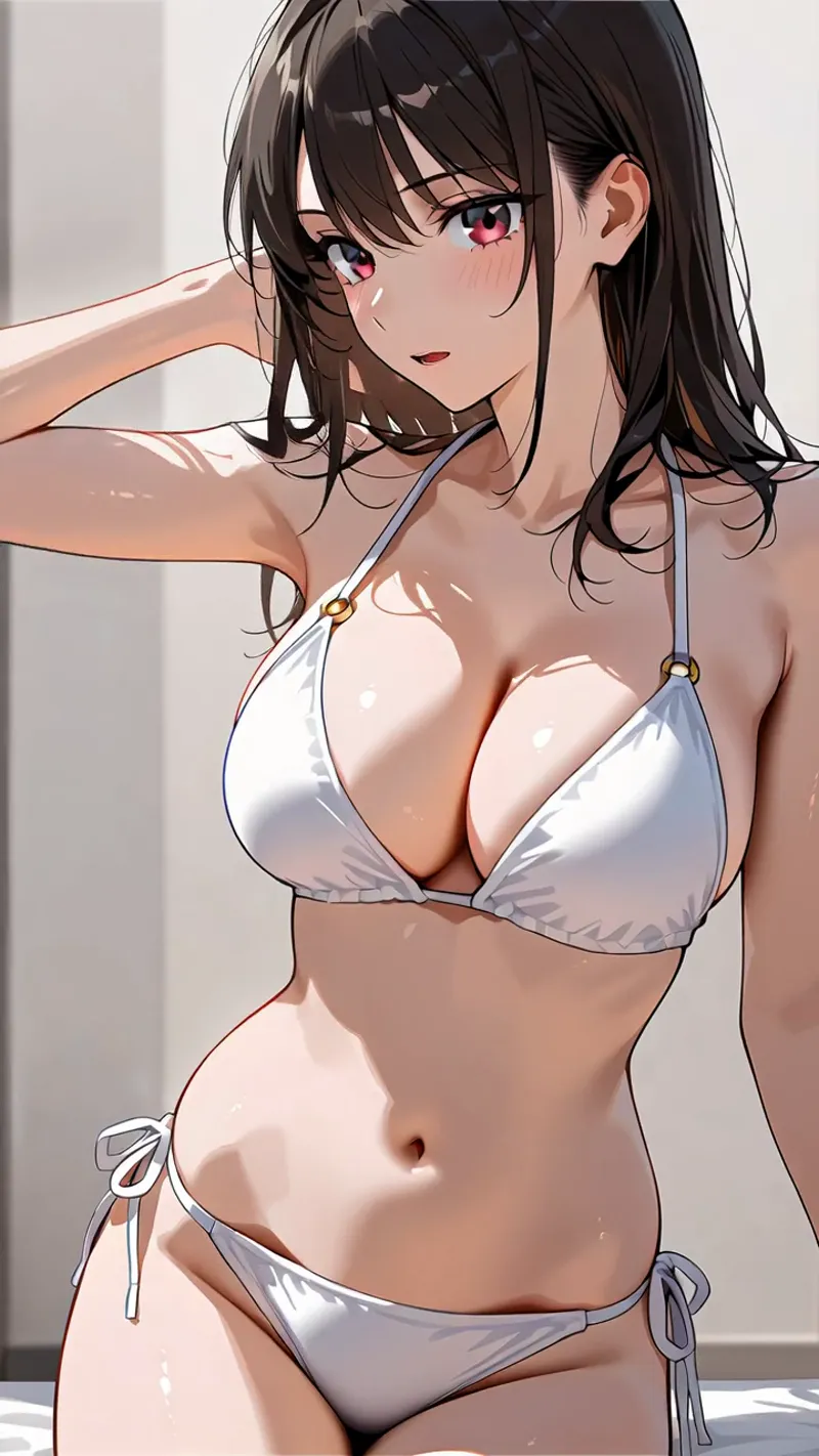 ピンク色の瞳が印象的な黒髪ショートの少女が、白いビキニを着こなしたポートレートイラストです。柔らかい光が肌に当たり、落ち着いた室内背景との配色が美しく描写されています。