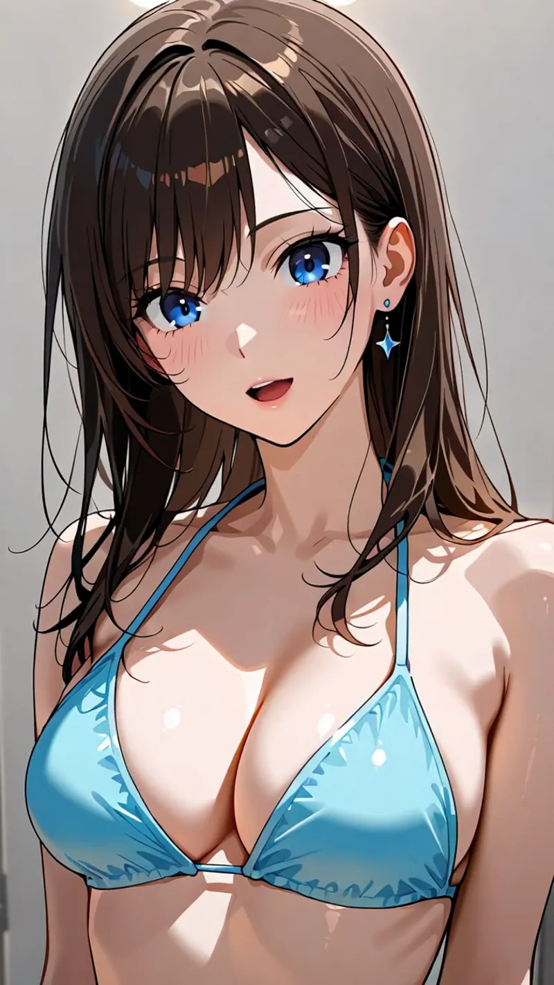 明るく澄んだ青い瞳と柔らかな表情が特徴の美少女イラスト。茶色いセミロングヘアに前髪が優雅に流れ、爽やかなブルー系の水着姿で夏の雰囲気を演出します。白を基調とした背景で人物を引き立てたポートレート作品です。