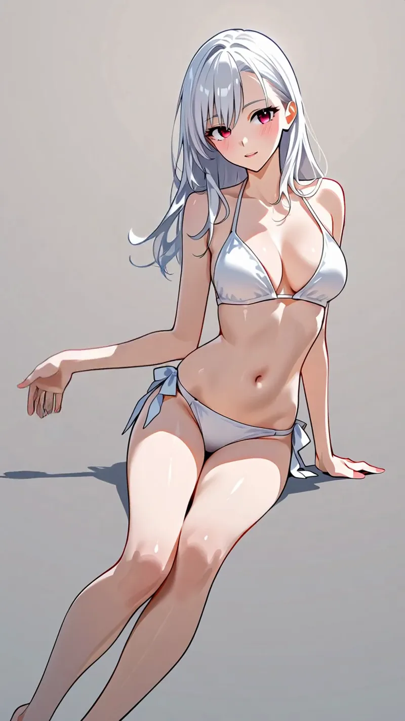 銀色に輝く長髪と鮮やかな紅紫色の瞳が印象的な美少女のアニメ調イラストです。柔らかな陰影で描かれた肌と、清潔感のある構図で全身像を捉えています。