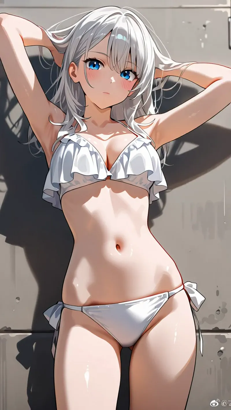 柔らかな銀髪が印象的な美少女のアニメ調ポートレートです。透き通った青い瞳と優しい表情が特徴で、白いリボン付きの衣装を身に纏っています。明るい室内の光が優雅に描写された作品です。
