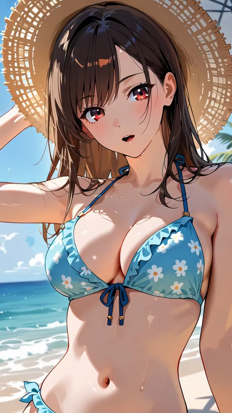 青い海を背景に、編み目模様の麦わら帽子をかぶった黒髪の美少女が、爽やかな花柄の水着姿で微笑む。赤い瞳と柔らかい表情が印象的な、夏の日差しに包まれたアニメ調イラストです。