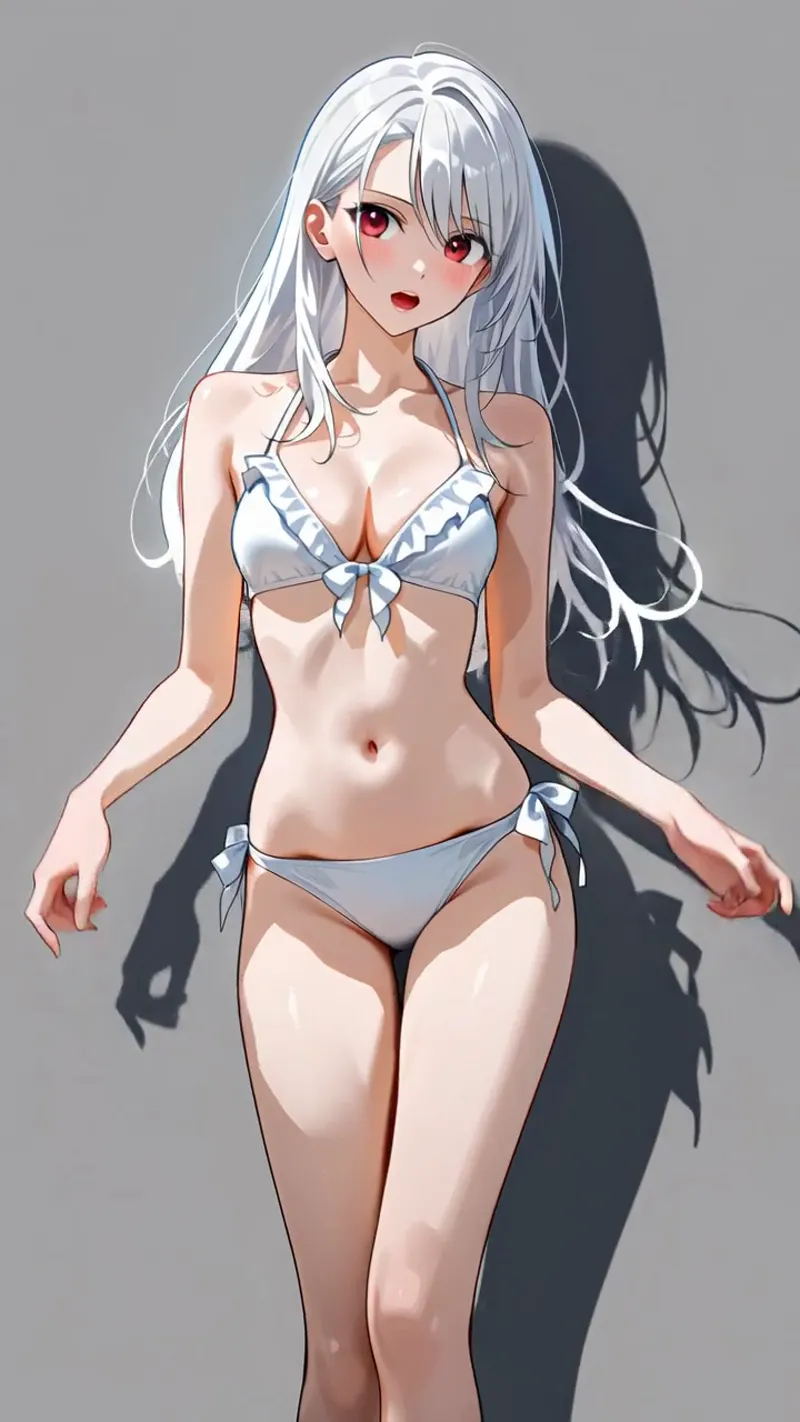 透き通るような白髪と赤い瞳が印象的な美少女のアニメ調イラスト。グレーの背景に映える肌色と、リボン付きの白いビキニが爽やかなプールサイドの雰囲気を演出しています。