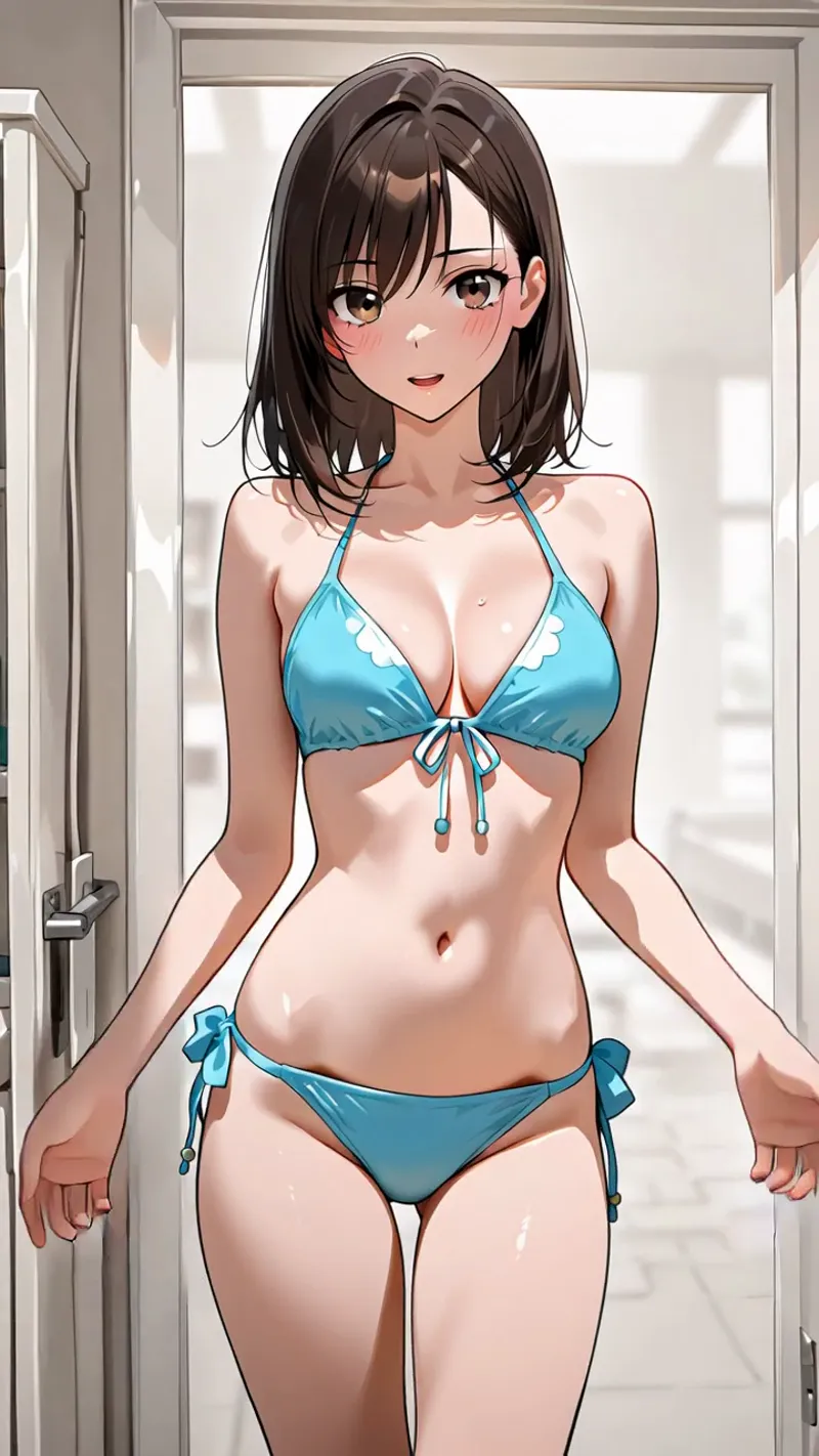 爽やかなブルーの水着に身を包んだ黒髪ショートの女性が、白を基調とした室内でこちらを見つめています。明るく朗らかな表情が特徴的な、アニメ調の美しいポートレート作品です。