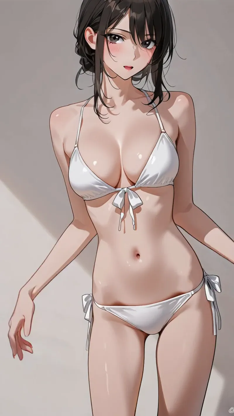 黒髪ショートボブにメガネをかけた美少女が、白いビキニで上品に佇むアニメ調イラスト。柔らかい肌色と流れるような髪の毛の描写が特徴です。