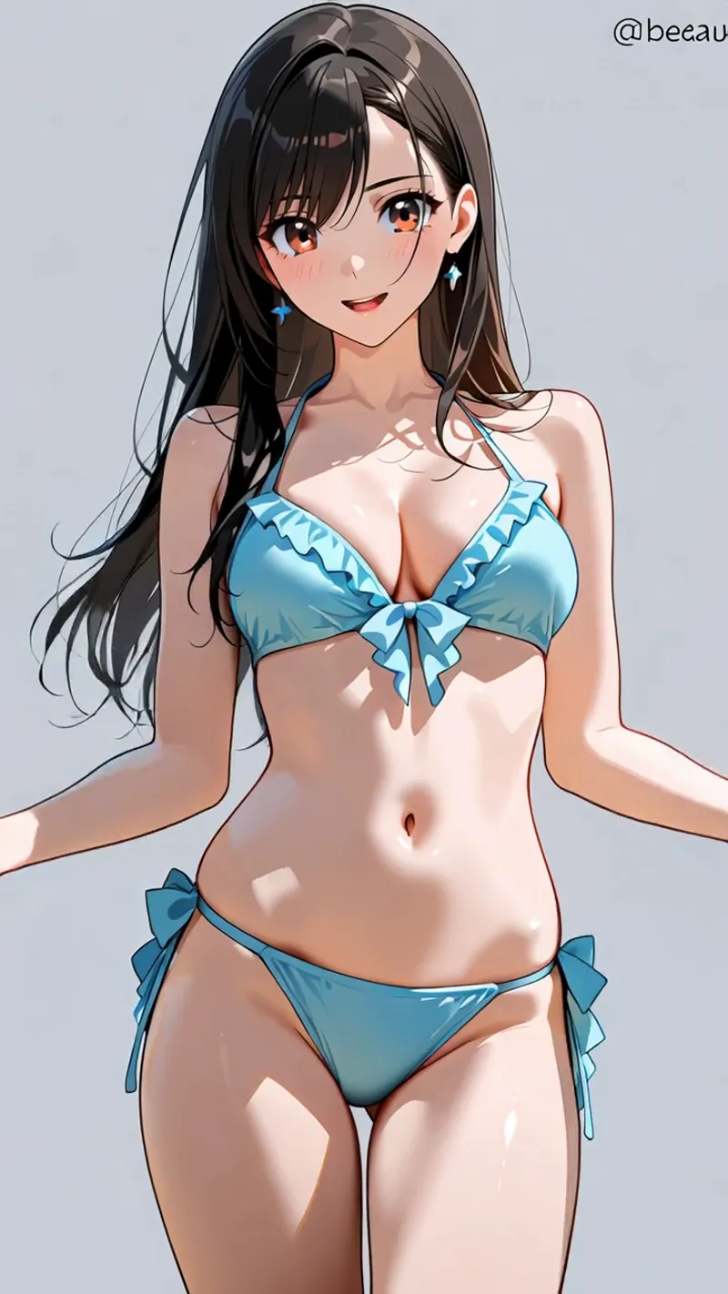 黒く長い髪と澄んだオレンジ色の瞳が印象的な美少女イラストです。青いリボンモチーフのビキニを身に纏い、柔らかい光が当たった肌質感が丁寧に描かれています。