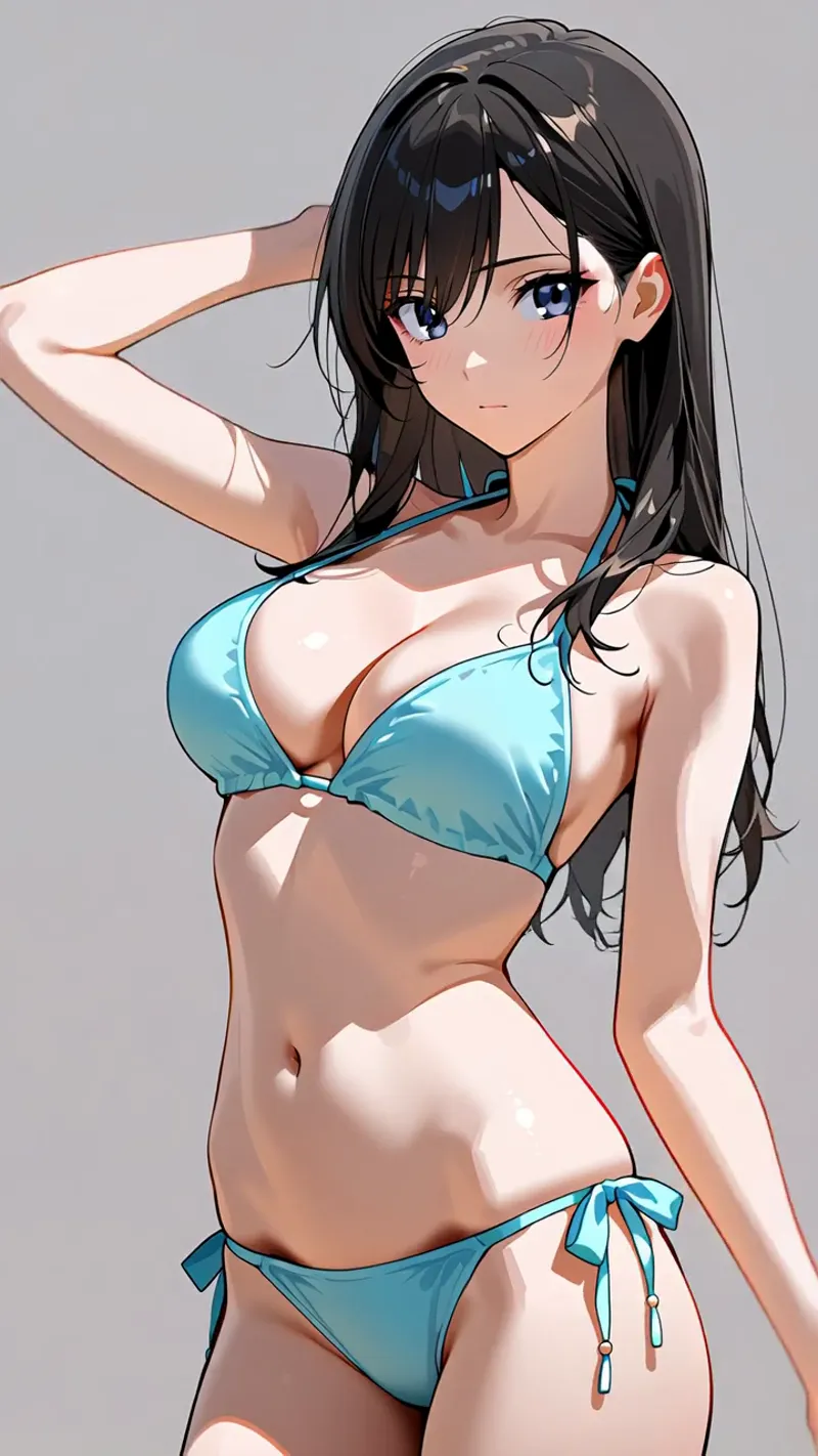 黒髪ロング髪をなびかせ、青い瞳が輝く美少女イラスト。水色のビキニを身に纏い、手を髪に添えた上品なポーズが印象的です。柔らかい陰影と光の表現により、洗練されたアニメ調のポートレート作品です。