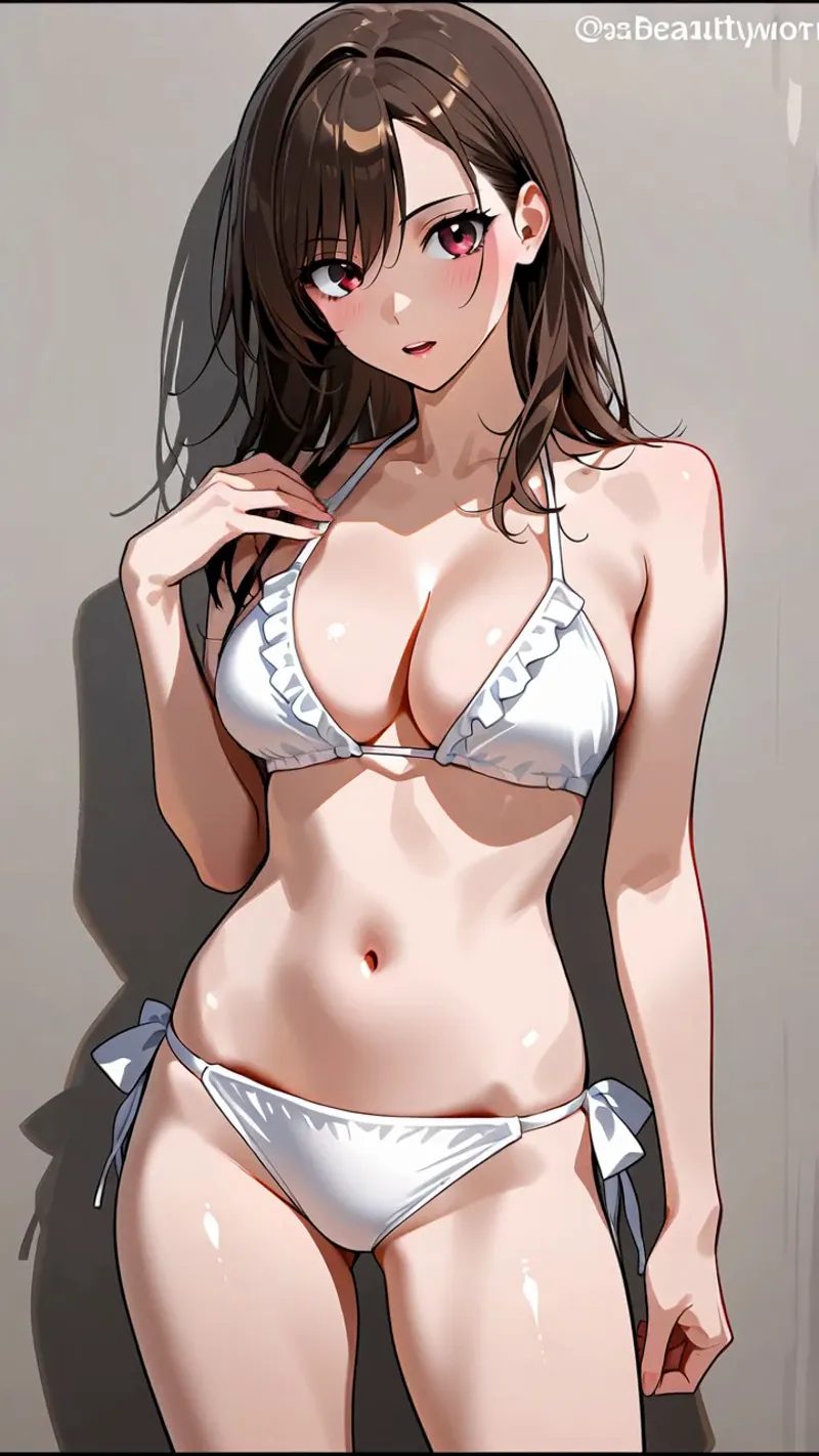 ピンク色の瞳が印象的な茶髪の少女が、白いフリル付きのビキニで微笑む夏らしいアニメ調イラストです。柔らかな陰影と光の表現が、清潔感のある空間に映える一枚。