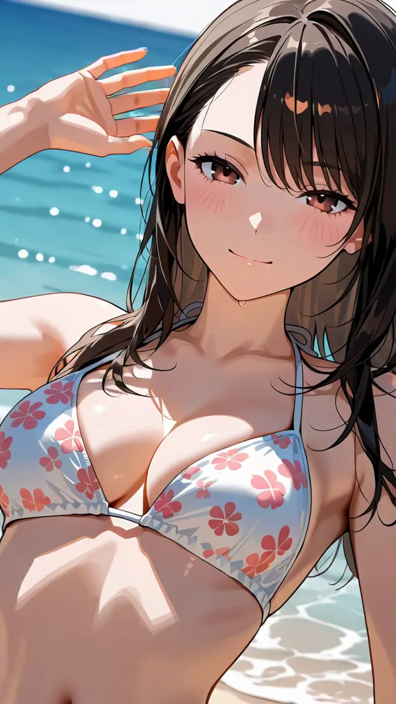 青い海を背景に、赤い花柄の水着姿でポーズを取る黒髪の女性。爽やかな夏の日差しが肌に輝き、優しい表情と手の仕草が上品さを引き出すアニメ調イラスト。