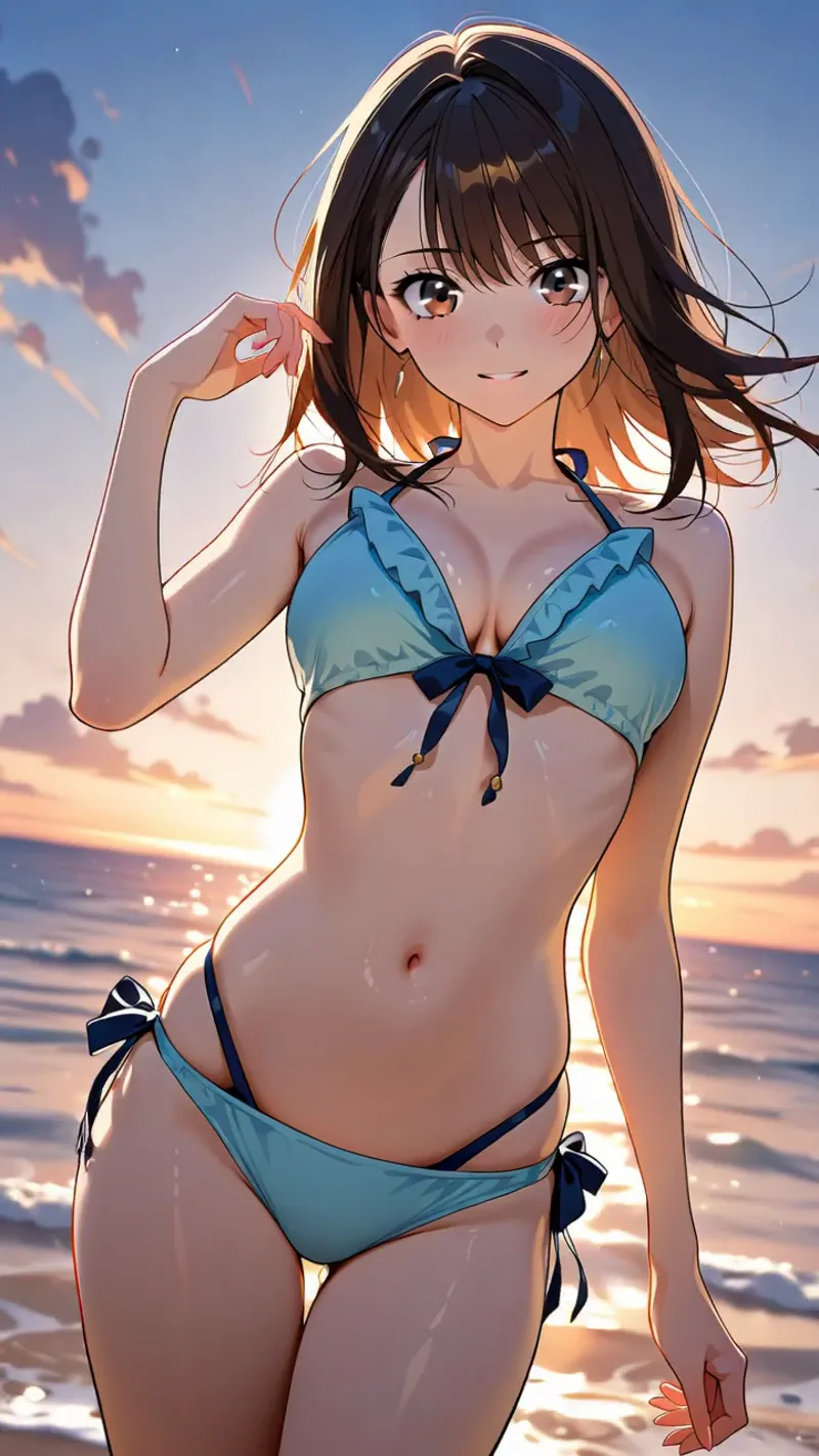 夕日が照らす海岸で、黒髪にオレンジのグラデーション色を纏う少女が優しく微笑む。爽やかなブルーのリボン装飾が印象的で、波音と光の中で穏やかに佇む光景です。