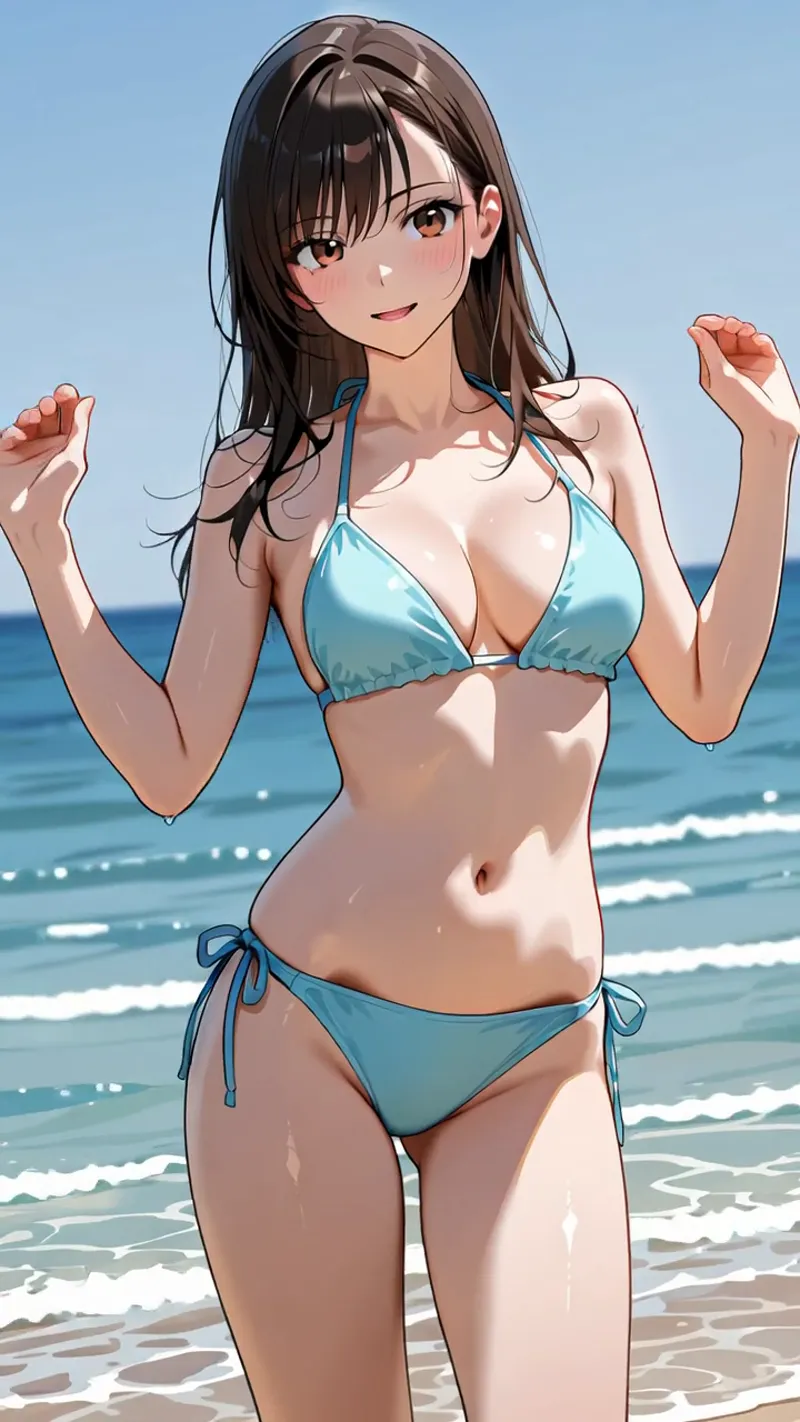 明るい表情で海辺に立つ女性のアニメ調イラスト。黒髪と橙色の瞳、青いビキニ姿で晴れた空と波打つ海を背景に、爽やかな雰囲気で描かれています。