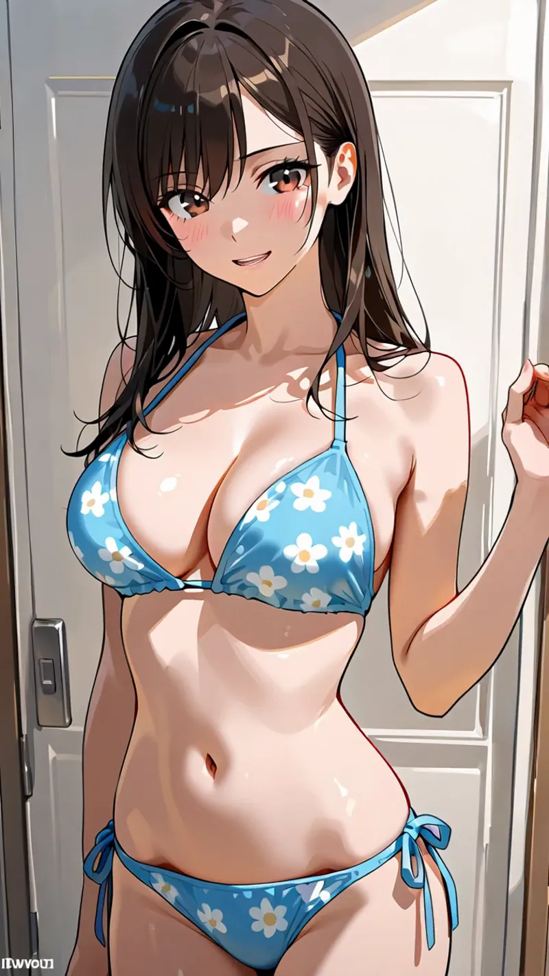 青と白の花柄ビキニを身にまとった黒髪の美少女が、室内で明るく微笑む姿を描いたアニメ調イラスト。自然な肌色と光の表現が特徴です。