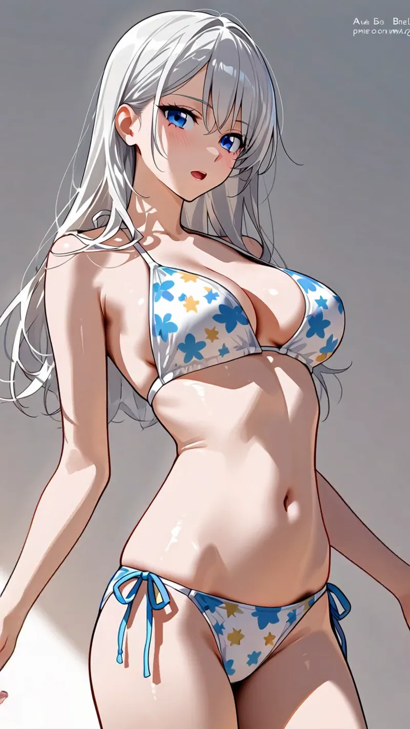 青い瞳と白く長い髪が印象的な美少女のイラストです。花のパターンが入ったビキニスタイルの衣装を身に纏い、灰色の背景で上品に佇む高品質なアニメ調ポートレートになっています。