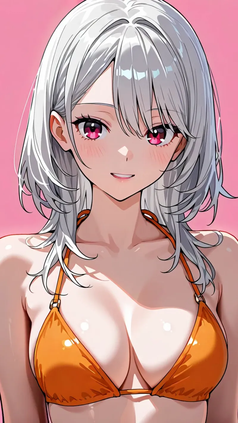 銀色のウェーブロングヘアと鮮やかなピンク色の瞳が特徴的なアニメ調の美少女ポートレートです。柔らかなピンク背景に映える優しい笑顔と、オレンジのアクセントが洗練された印象を与えています。