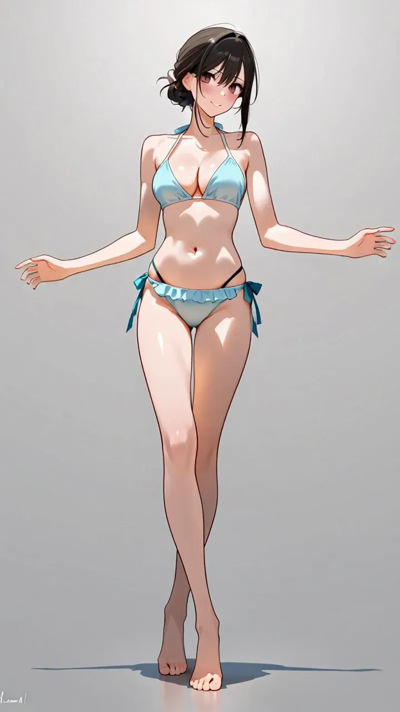 黒髪をまとめた美少女が、爽やかな水色のビキニを身に纏い、明るい表情で両腕を広げた全身ポートレートです。柔らかな陰影と光の効果で立体感が表現されたアニメ調のイラストになっています。