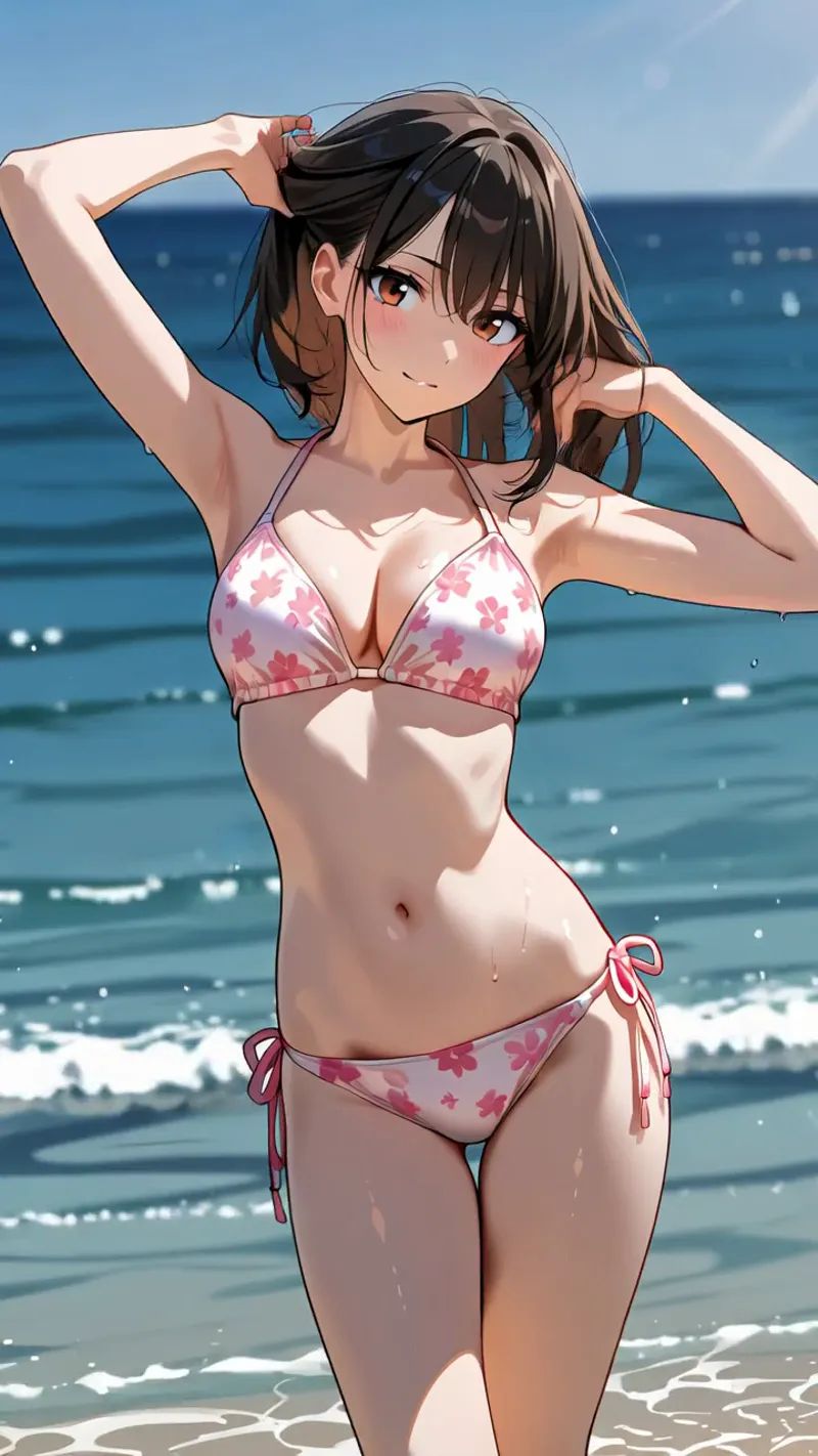 青い海を背景に、黒髪をなびかせながら優雅に立つ少女のアニメ調ポートレート。白地に花柄が映えるビキニを着用し、穏やかな表情で海風に髪をなびかせています。光と影の表現が美しく仕上がった一枚です。