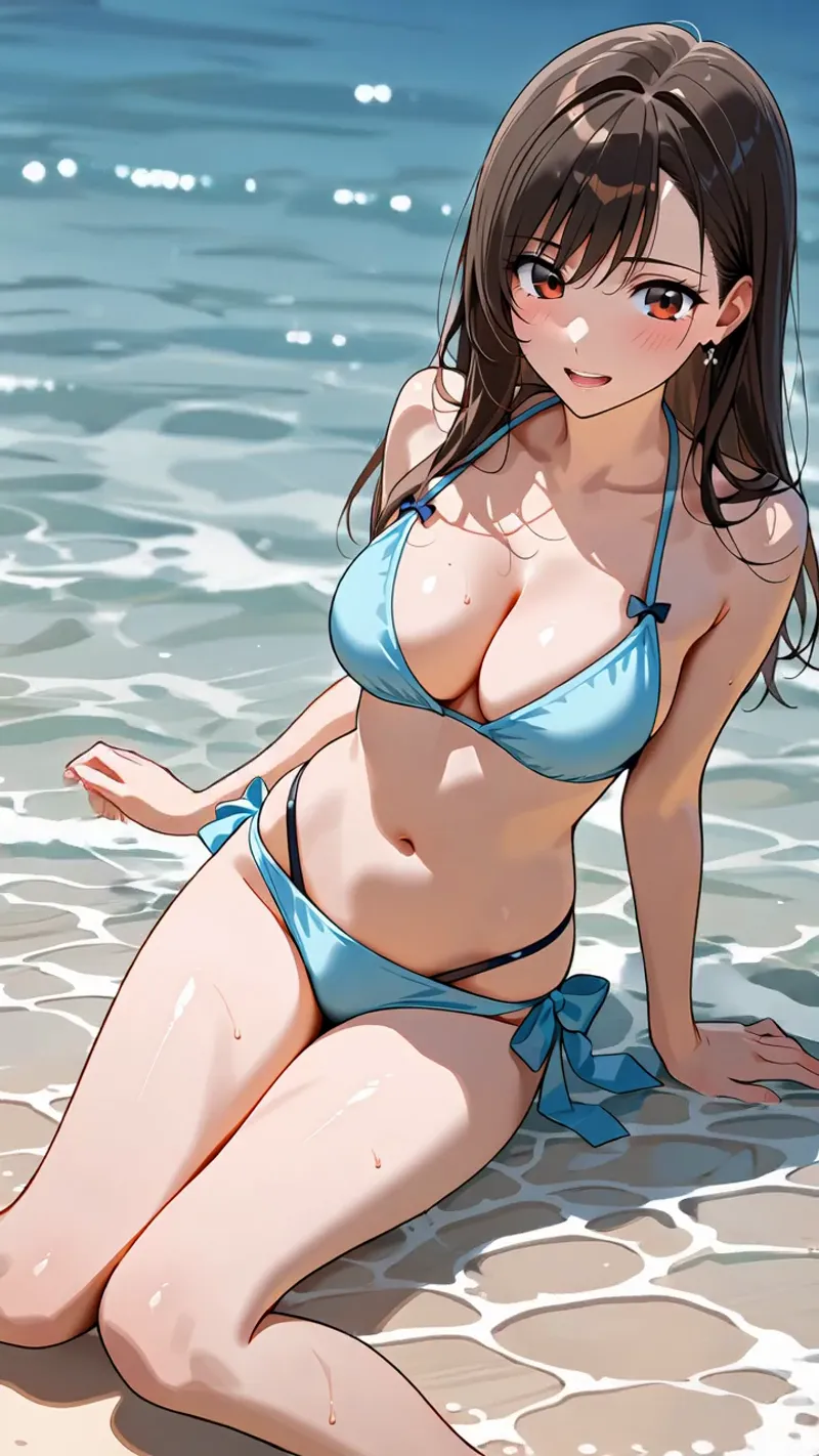 褐色肌と赤茶色の瞳が印象的な美少女が、白波打つ海辺で優しく微笑んでいます。青いビキニ姿で濡れた肌と背景の青い空がマッチした、夏らしい爽やかなアニメ調イラストです。