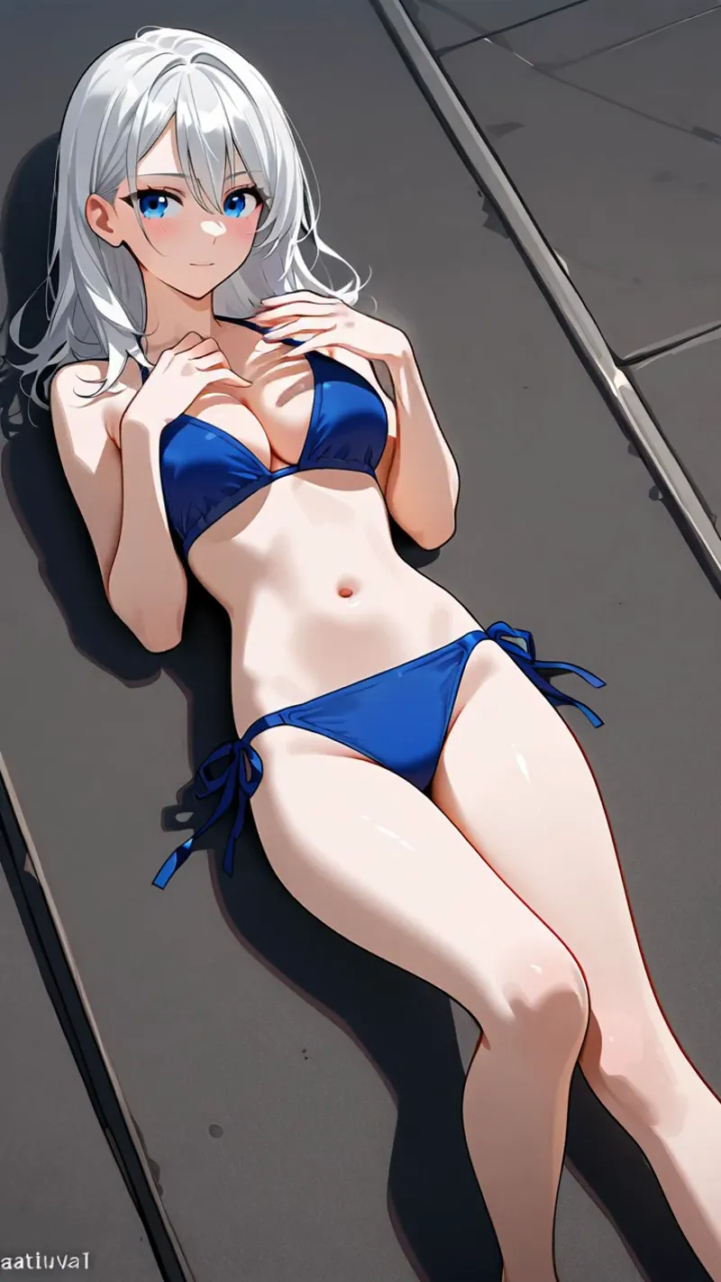 明るい青い瞳と白銀の長い髪を持つ美少女のポートレートです。青紫色のビキニを身につけた姿で、柔らかな微笑みを浮かべています。グレーの背景に優雅に佇む、アニメ調の高品質なイラストです。