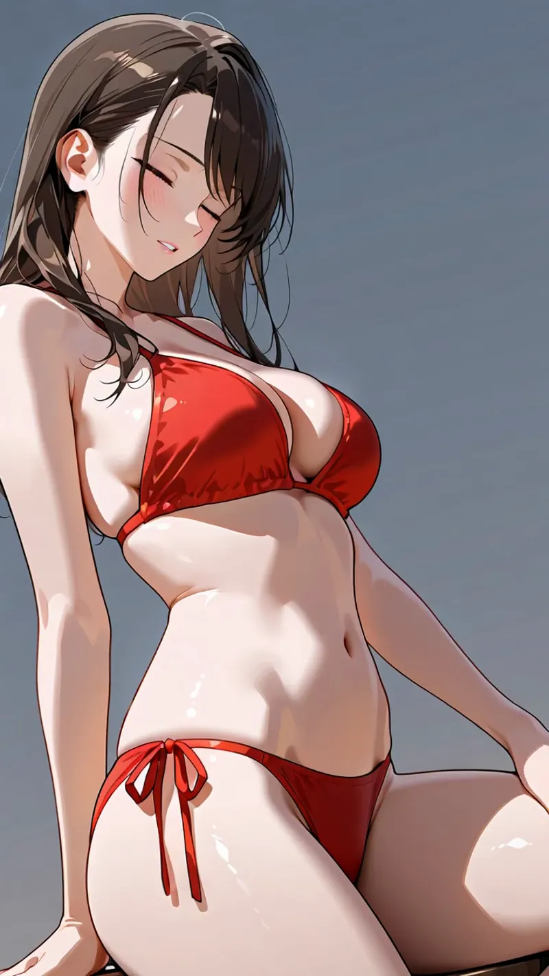 深い茶色の長髪をやさしく流した美少女が、赤色の水着姿で横向きの優雅な構図で描かれています。閉じた瞳と穏やかな表情、光と影の繊細な陰影表現が印象的なAI生成イラストです。