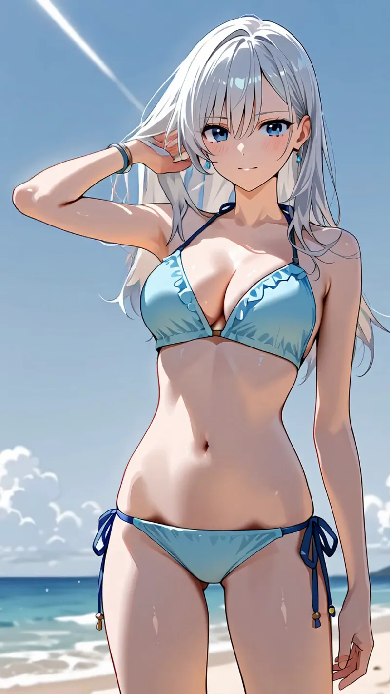 明るい青空と海を背景に、銀白色のロングヘアが風になびく美少女が爽やかに微笑むアニメ調イラストです。夏らしい爽やかなビキニ姿で、リラックスした雰囲気のビーチシーンが表現されています。