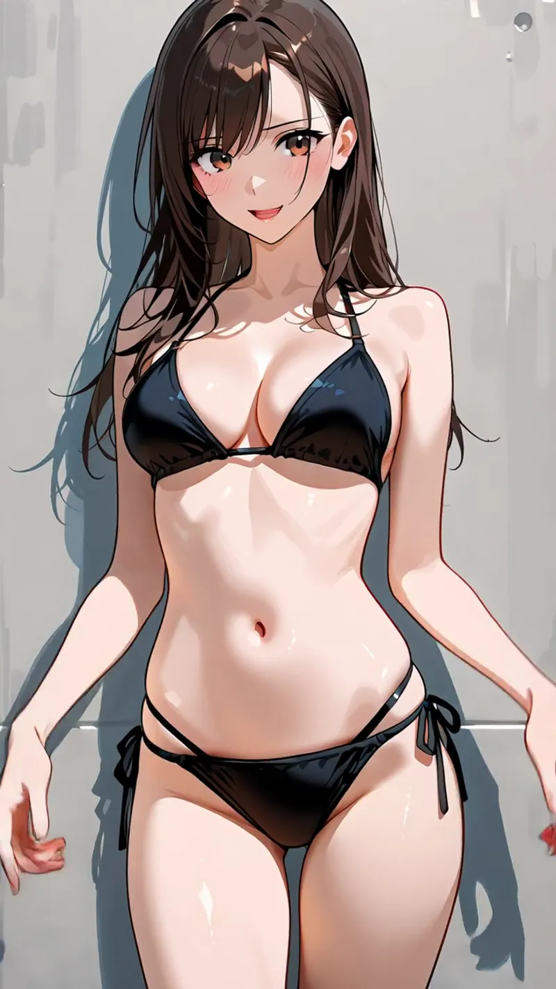 茶髪をなびかせた表情豊かな美少女が、黒い水着姿で立つ高品質なアニメ調イラストです。柔らかな陰影と肌の質感が丁寧に描かれており、爽やかな背景とのコントラストが印象的な作品となっています。