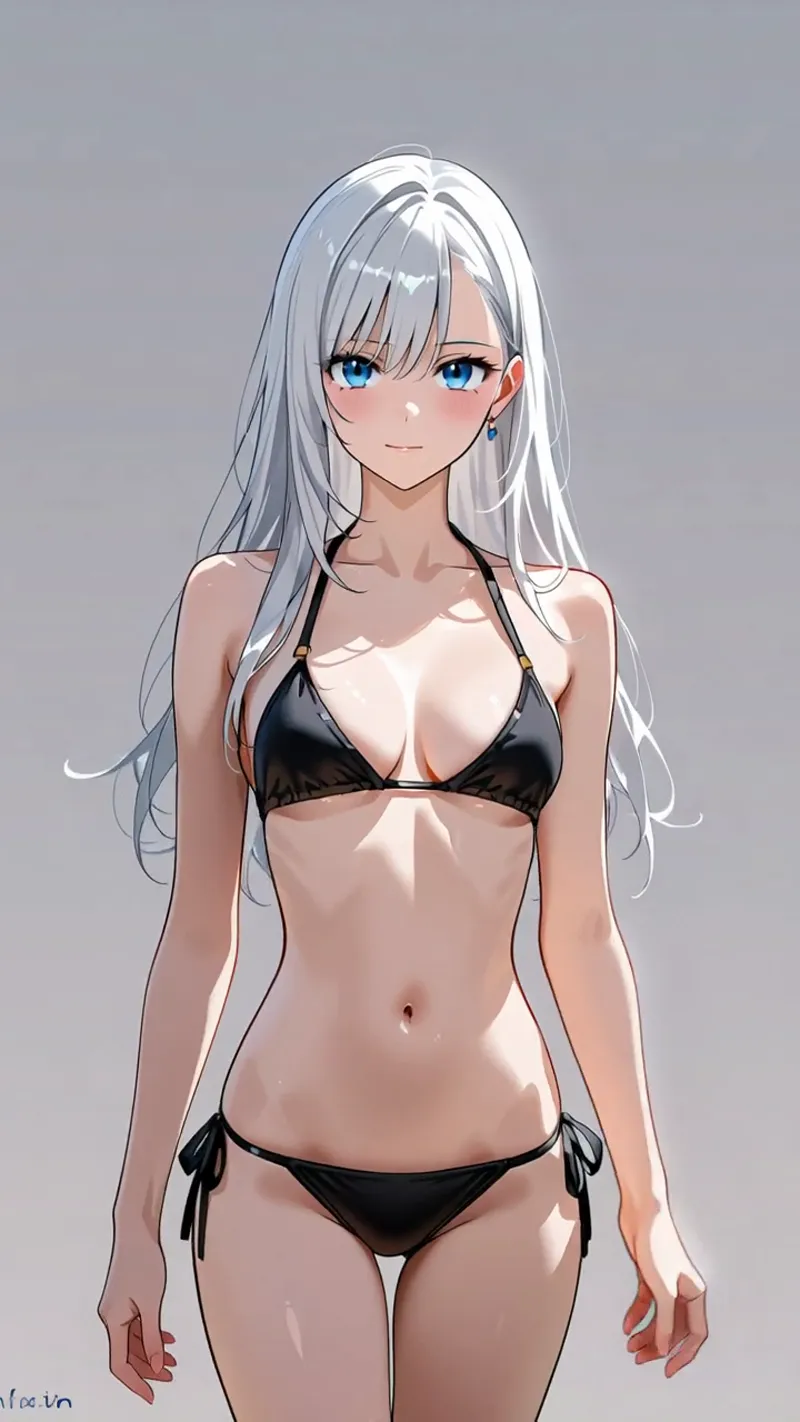 透明感のある青い瞳と銀色のロングヘアが特徴的な美少女のアニメ調イラスト。淡いグレーの背景に映える清潔感のあるポーズとタッチで、AI生成美少女ギャラリーの定番的な魅力を引き出した作品です。